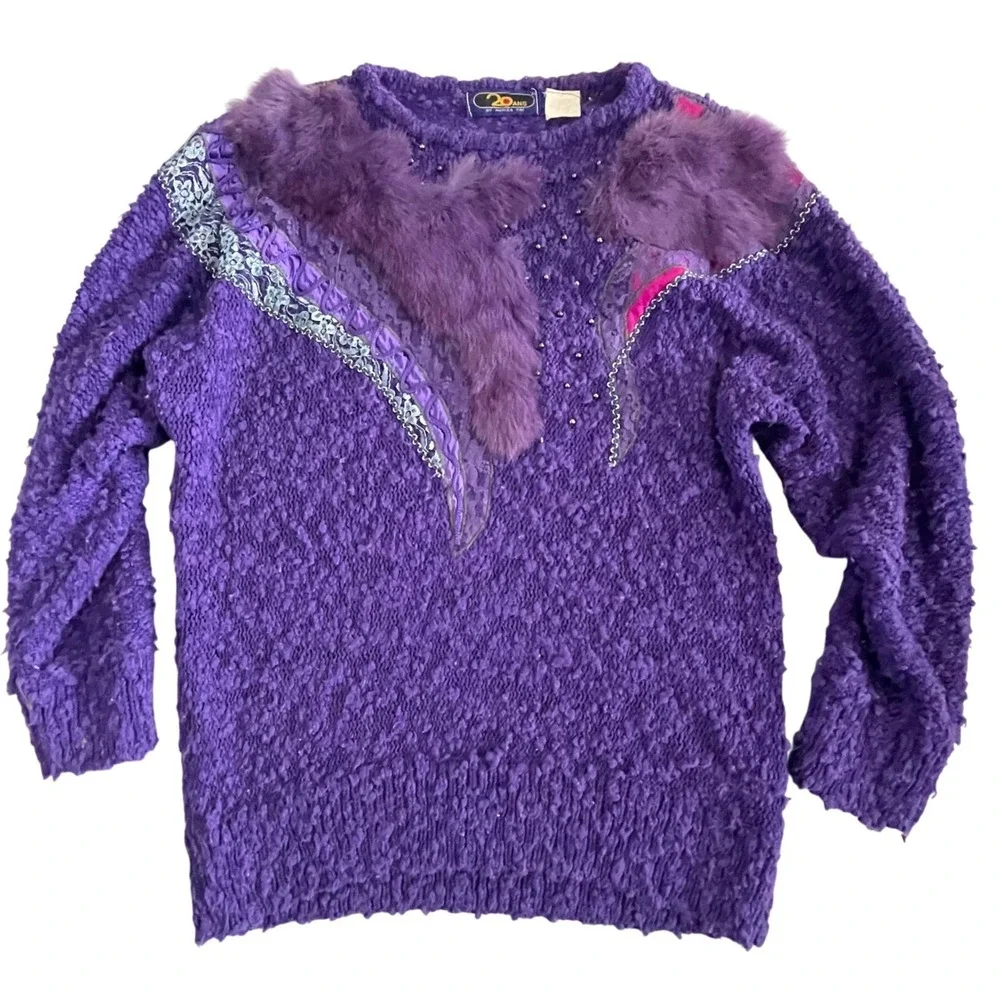 20 Ans Purple Art‎ to Wear Sweater M/L Faux Fur Sequin Beaded Knit Statement Top